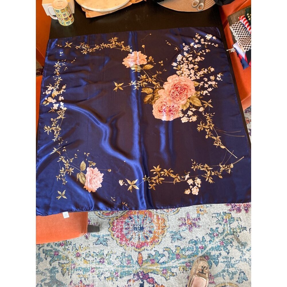 Navy Blue Silk Pink Peony Floral Silk Scarf - Picture 2 of 6